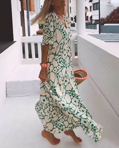 Printed loose dress with V-neck