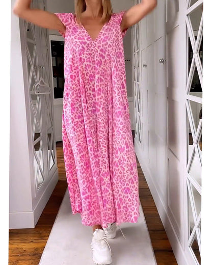 V-neck long dress with print and short sleeves