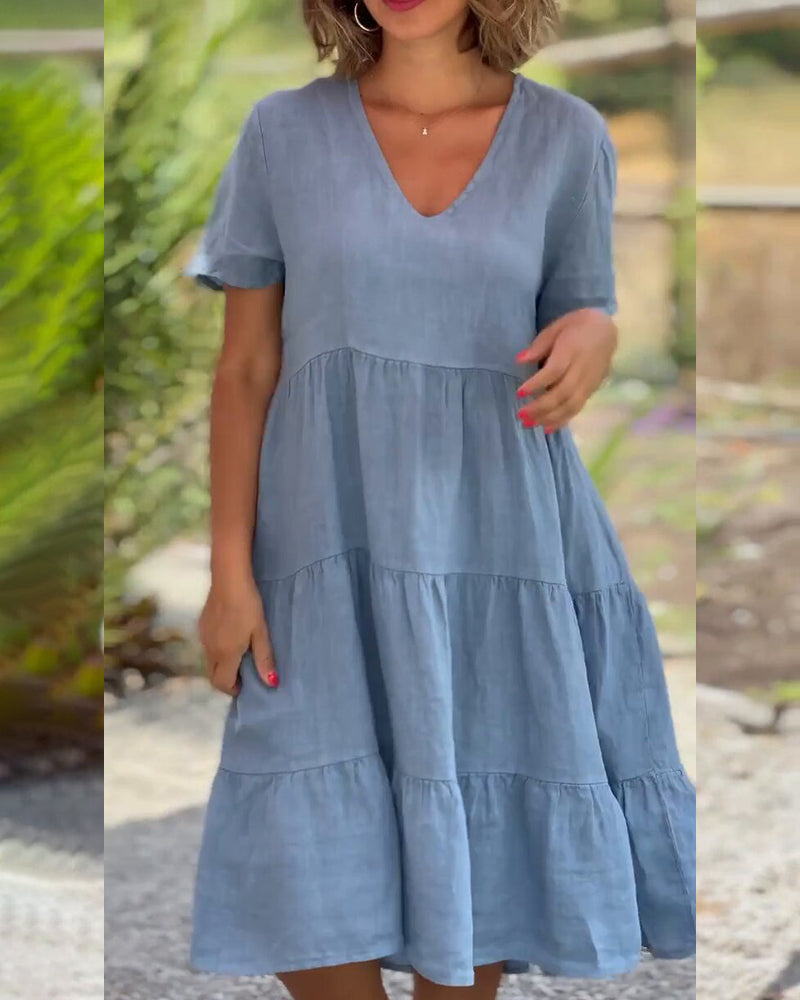 Cotton Linen Dress with V-Neck