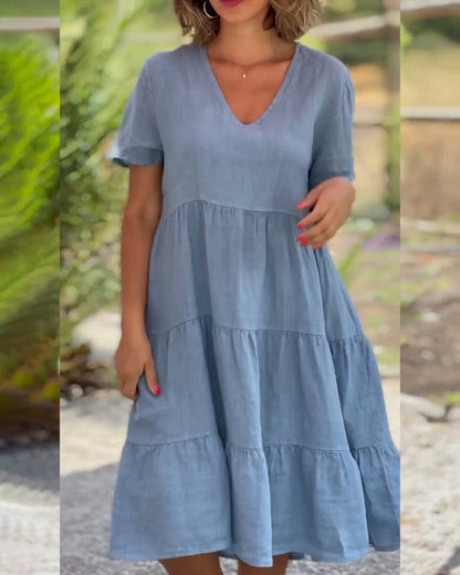 Cotton Linen Dress with V-Neck