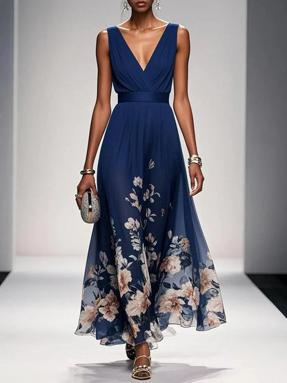 Elegant Light Blue Floral Chiffon V-Neck Sleeveless A-Line Maxi Dress