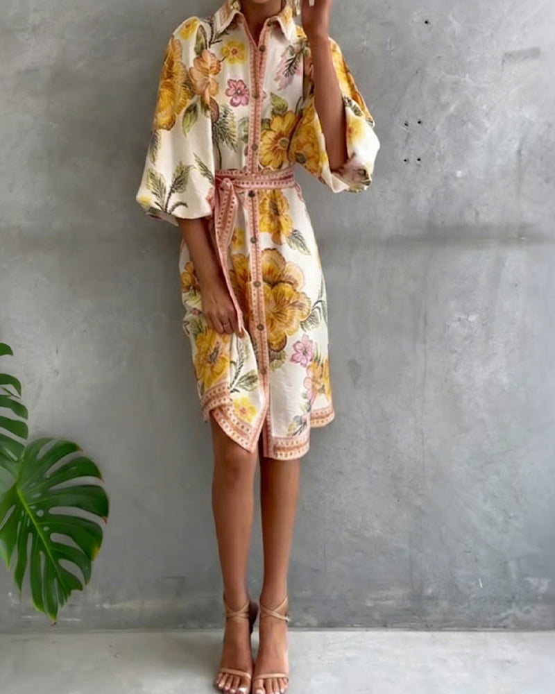 Dress French Lantern Sleeve Lapel Printed