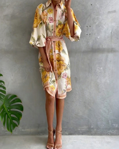 Dress French Lantern Sleeve Lapel Printed