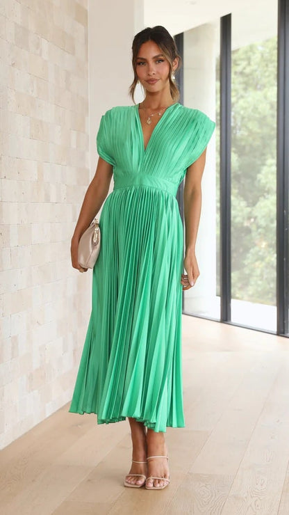 MADISYN - FLOWY V-NECK PLEATED SKIRT DRESS