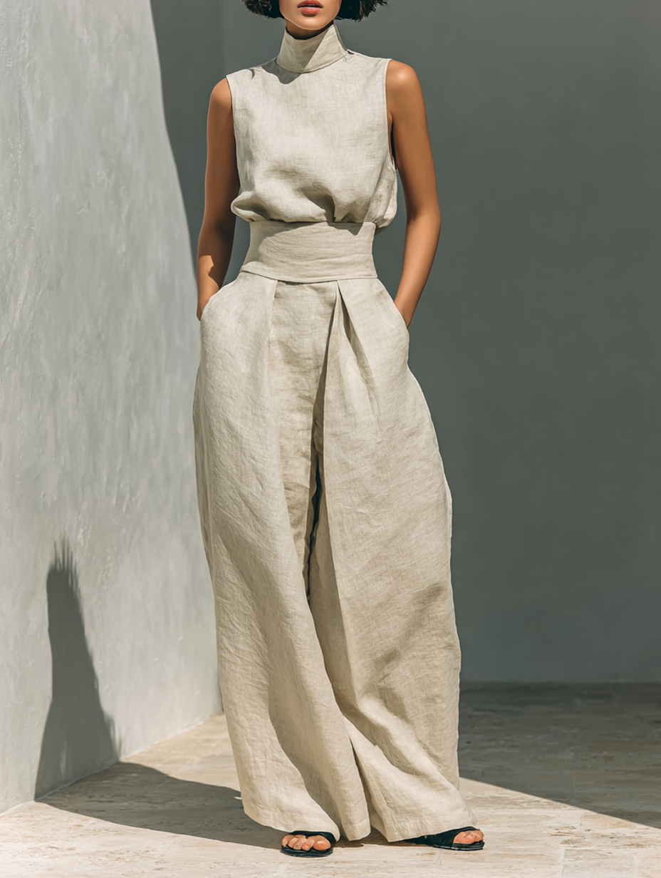 Women's Sleeveless Cotton-Linen Blouse and Wide-Leg Pants Ensemble