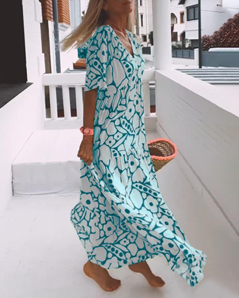 Printed loose dress with V-neck