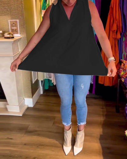 Sleeveless Top with Ruffles and Lapel