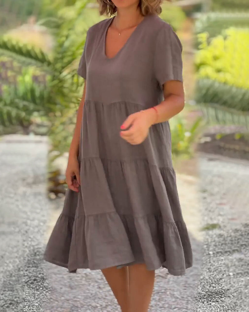 Cotton Linen Dress with V-Neck