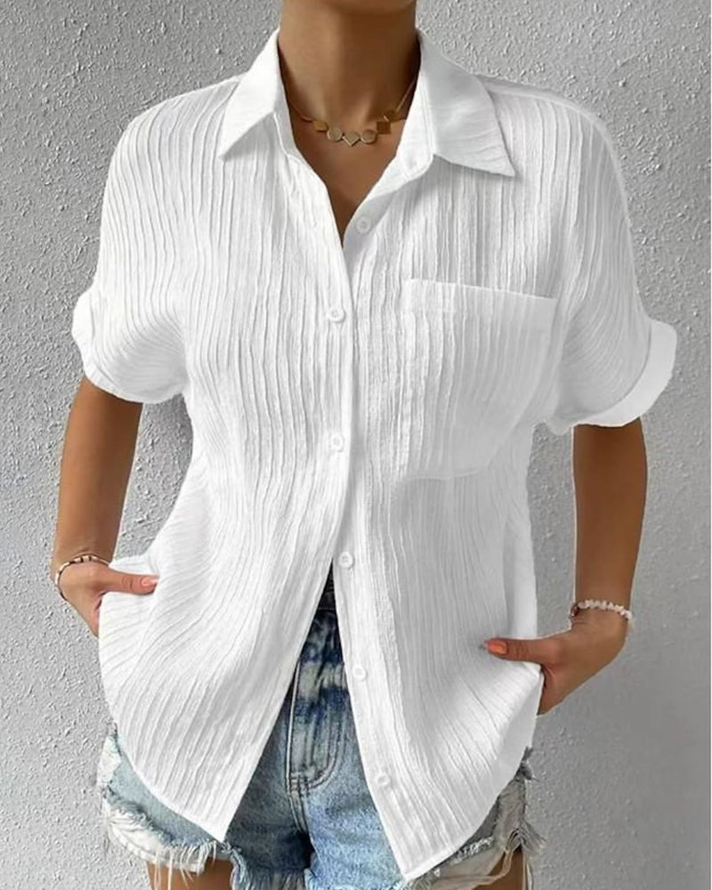 Comfortable solid color lapel blouse with short sleeves and pocket