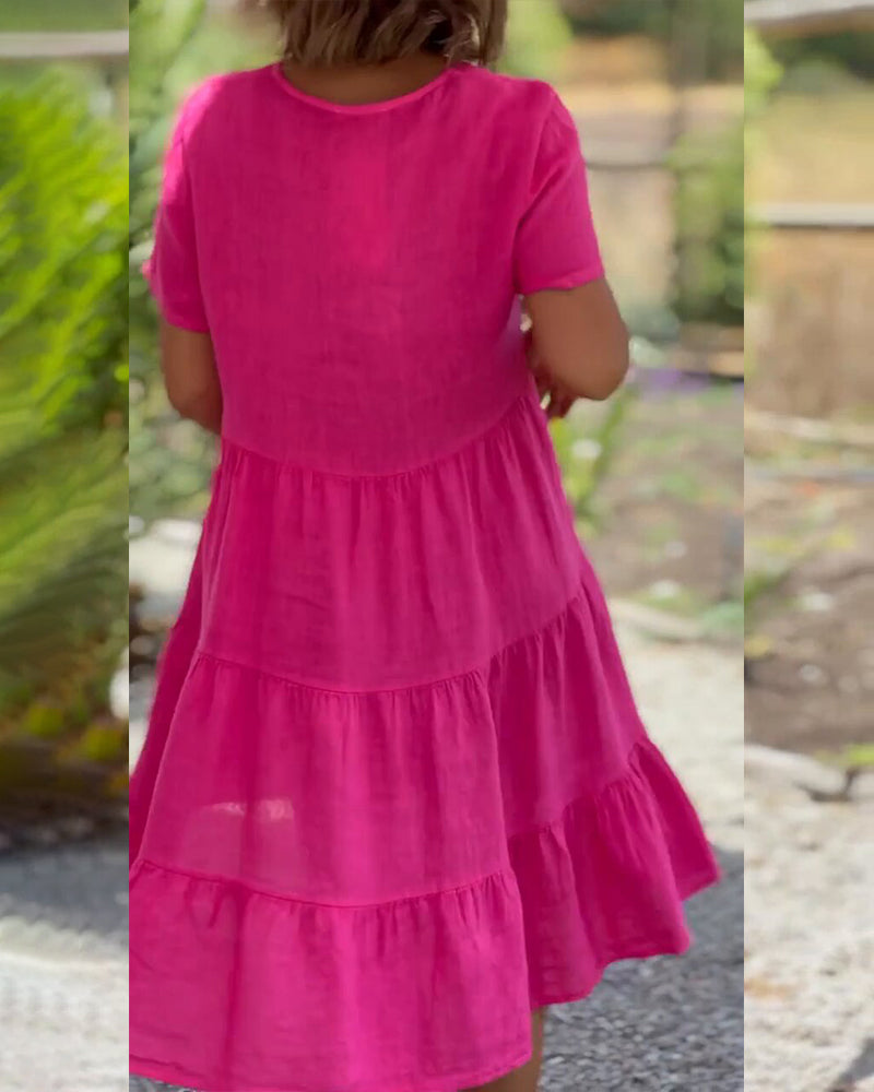 Cotton Linen Dress with V-Neck