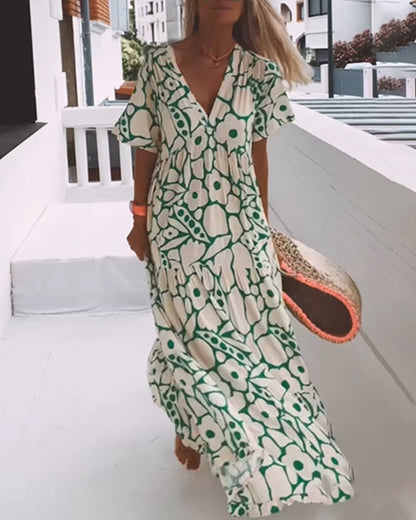 Printed loose dress with V-neck