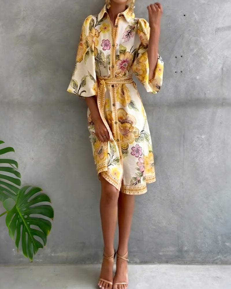 Dress French Lantern Sleeve Lapel Printed