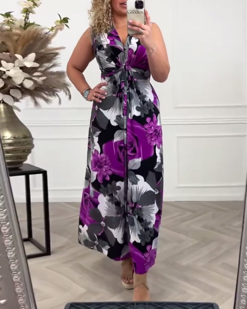 Viola | Women's Floral Maxi Dress Sleeveless Tie Front V-Neck