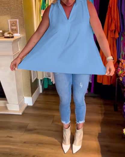 Sleeveless Top with Ruffles and Lapel