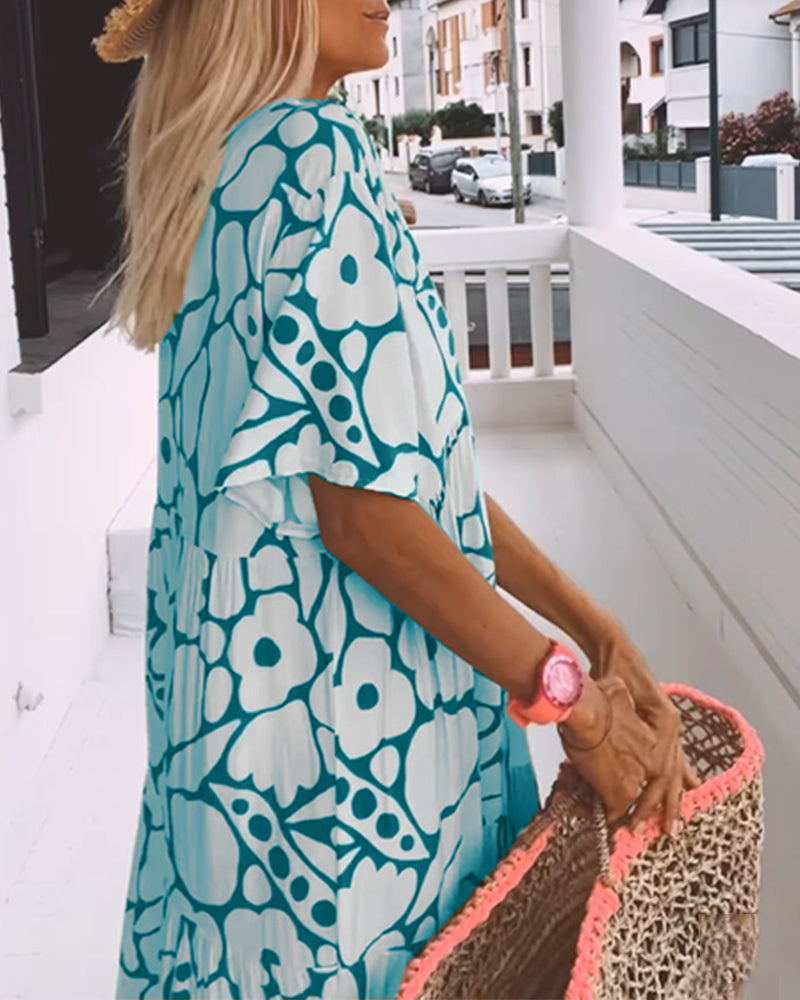 Printed loose dress with V-neck