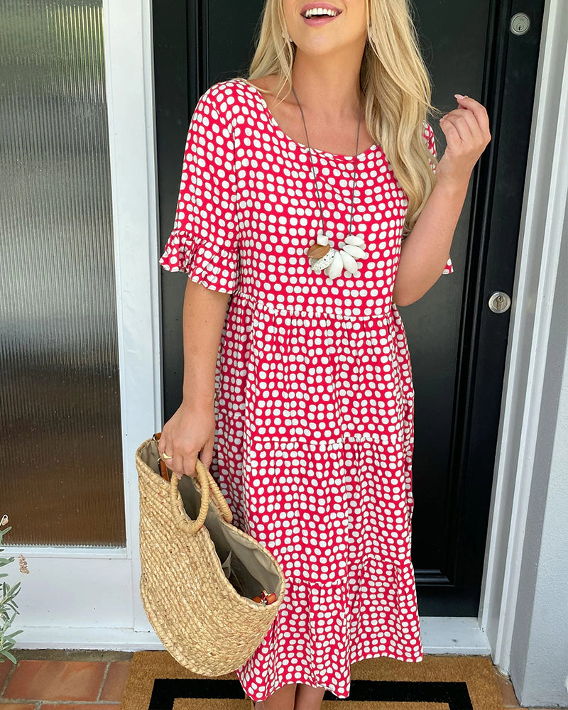 Midi Dress with Round Neck in Polka Dot Print