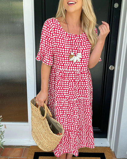 Midi Dress with Round Neck in Polka Dot Print