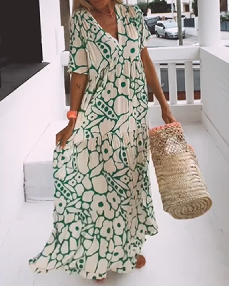 Printed loose dress with V-neck