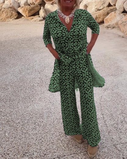 Mosa | Women's Printed Two Piece Set Longline Shirt Straight Pants