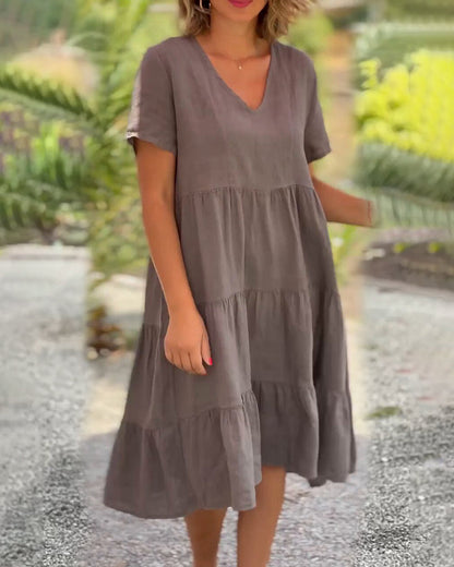 Cotton Linen Dress with V-Neck