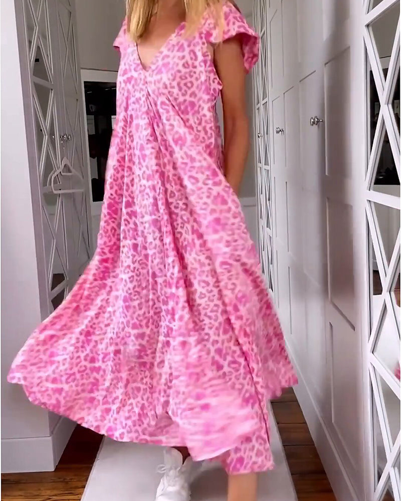 V-neck long dress with print and short sleeves