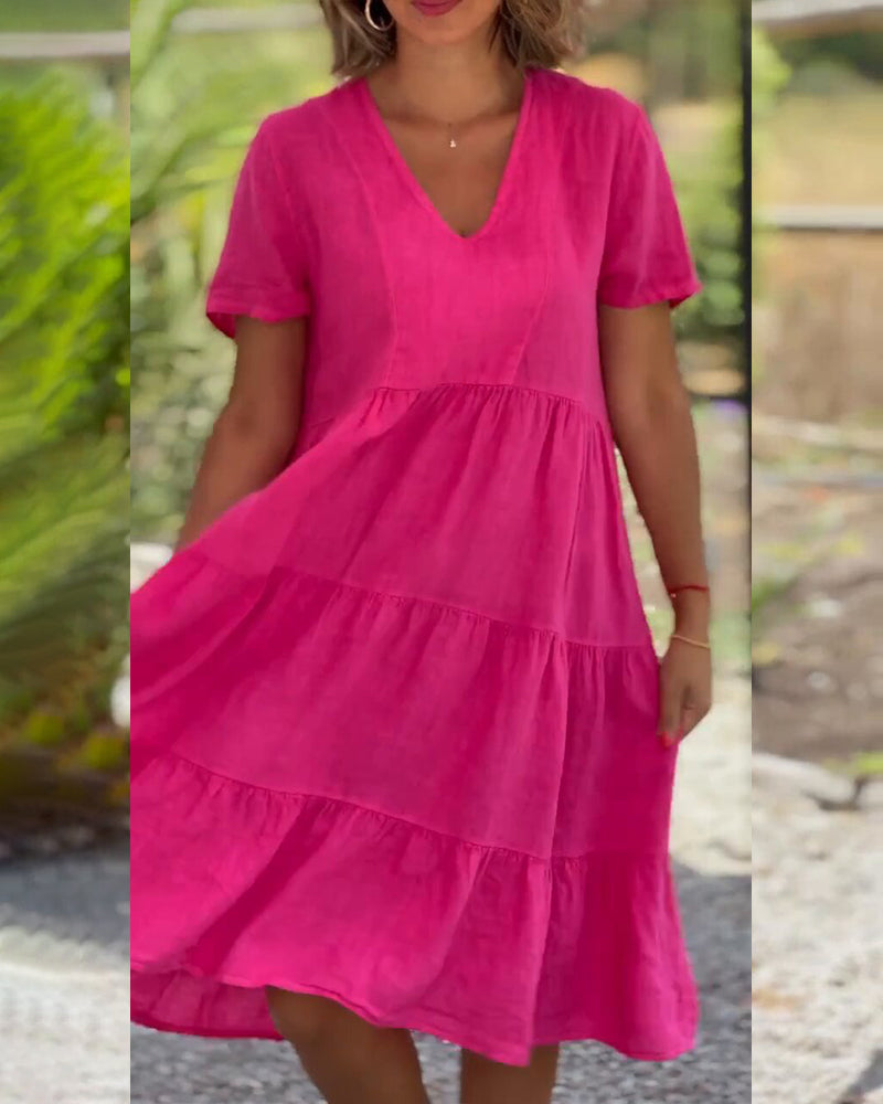 Cotton Linen Dress with V-Neck