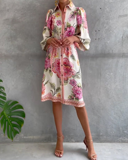 Dress French Lantern Sleeve Lapel Printed