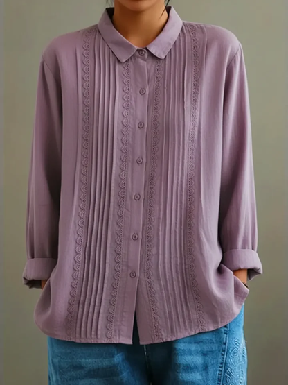 Claire | Women's Lace Trim Button-Up Long Sleeve Blouse