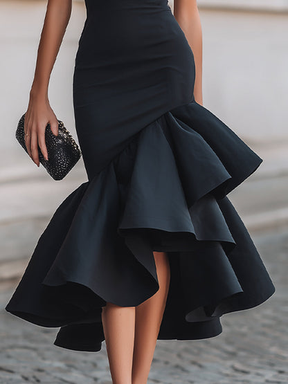 Asymmetrical Ruffle Hem Tailored Midi Dress