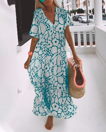 Printed loose dress with V-neck