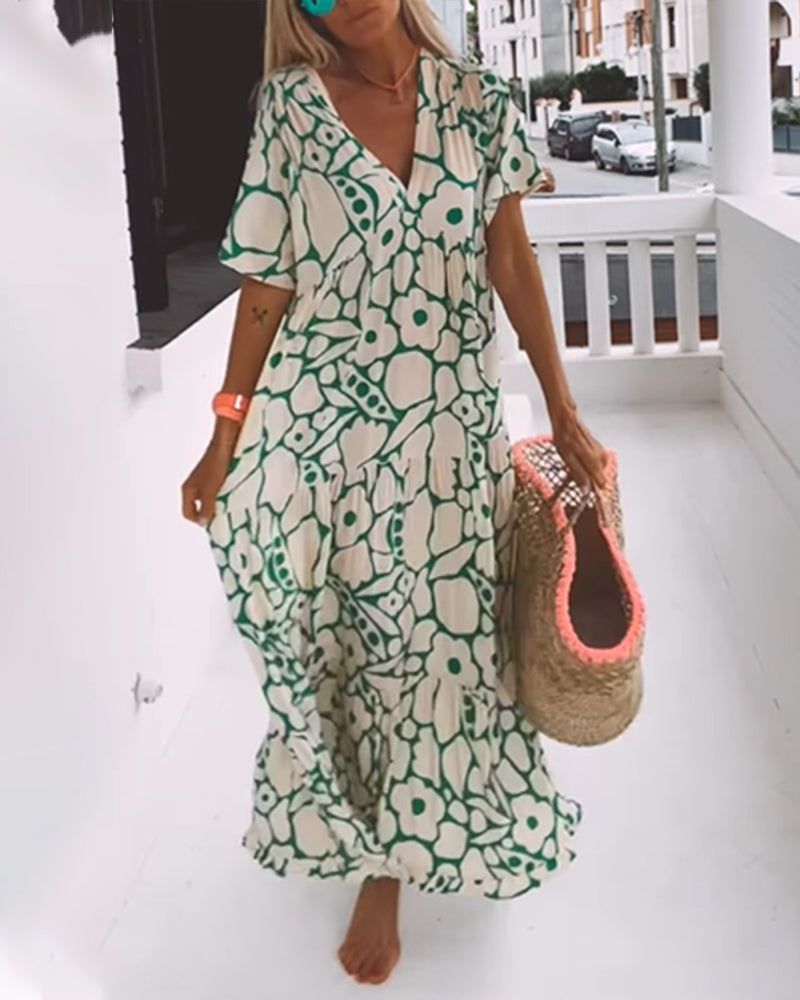Printed loose dress with V-neck