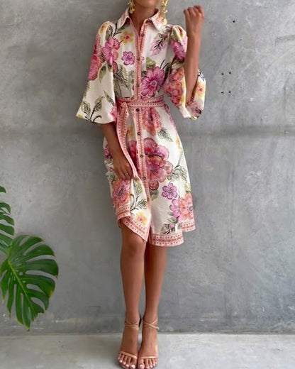 Dress French Lantern Sleeve Lapel Printed