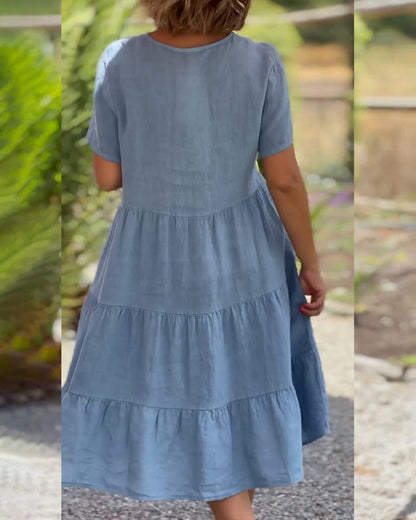 Cotton Linen Dress with V-Neck