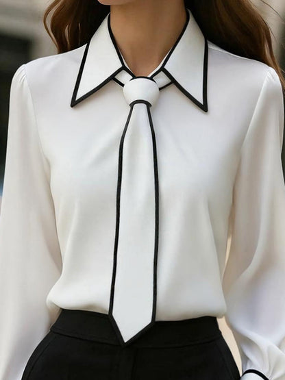 Chic Contrast Trim Tie-Neck Blouse