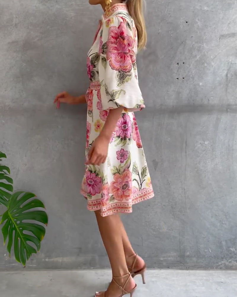 Dress French Lantern Sleeve Lapel Printed