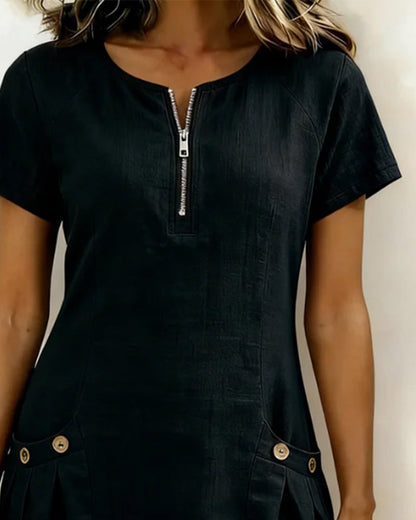 Remi | Women's Shift Dress Short Sleeve Zip Neck with Pockets