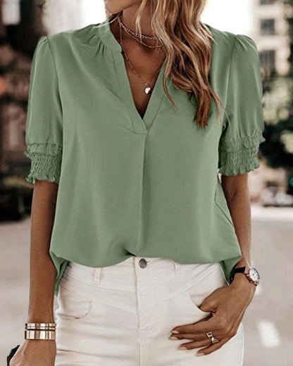 Maya | Women's V-Neck Puff Sleeve Blouse Short Sleeve Top