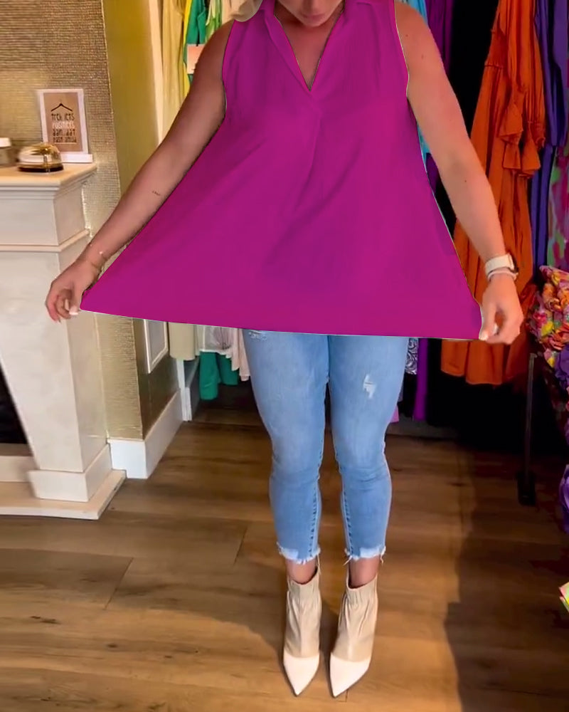 Sleeveless Top with Ruffles and Lapel