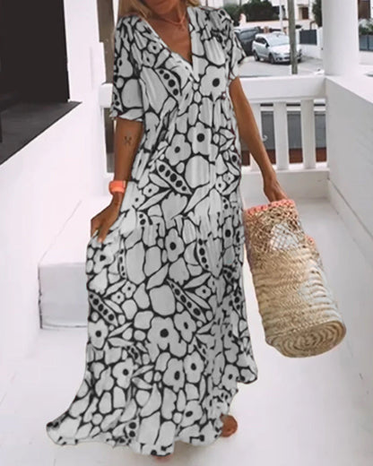 Printed loose dress with V-neck