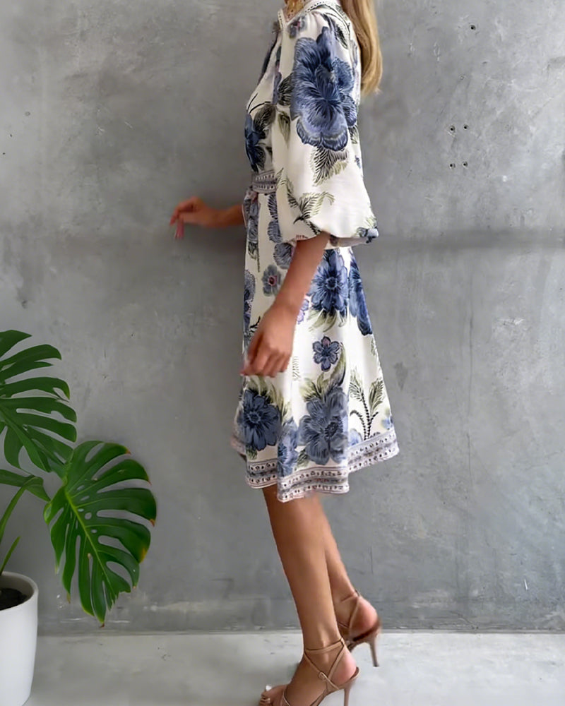 Dress French Lantern Sleeve Lapel Printed