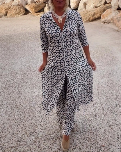 Mosa | Women's Printed Two Piece Set Longline Shirt Straight Pants