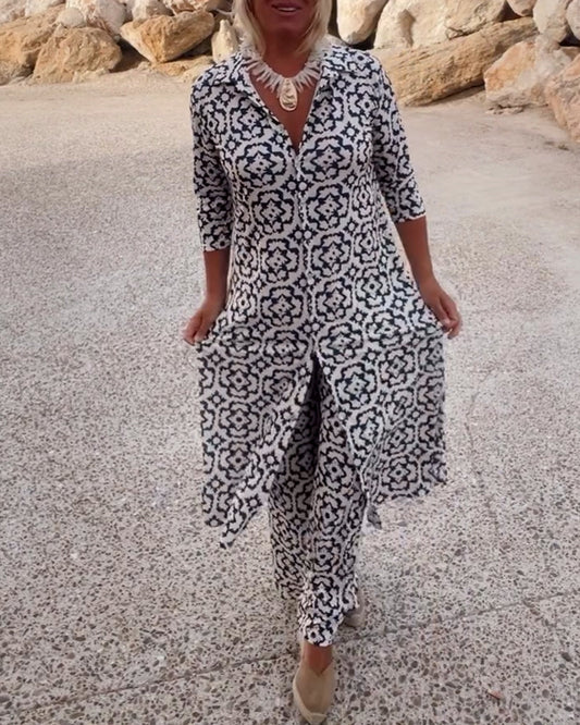 Mosa | Women's Printed Two Piece Set Longline Shirt Straight Pants