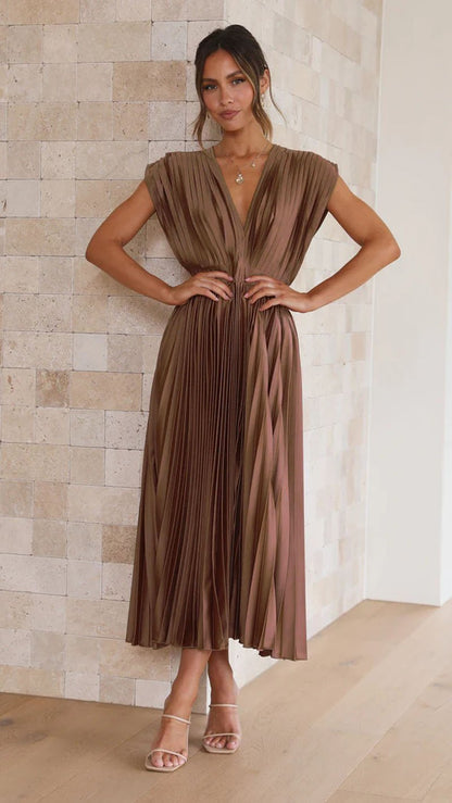 MADISYN - FLOWY V-NECK PLEATED SKIRT DRESS