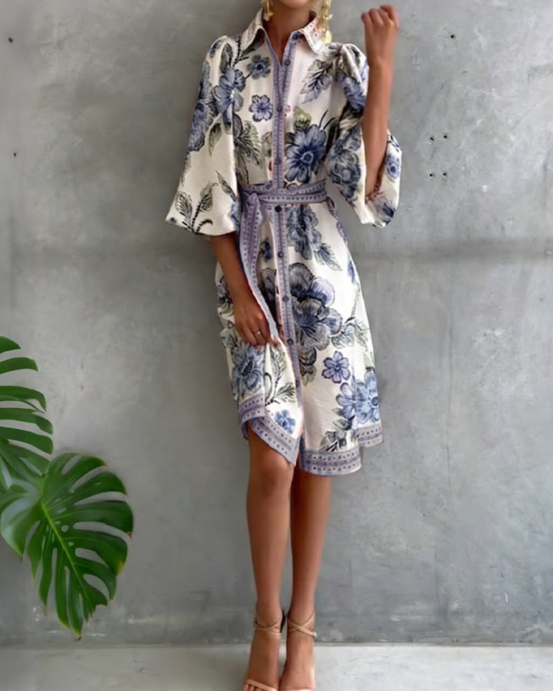 Dress French Lantern Sleeve Lapel Printed