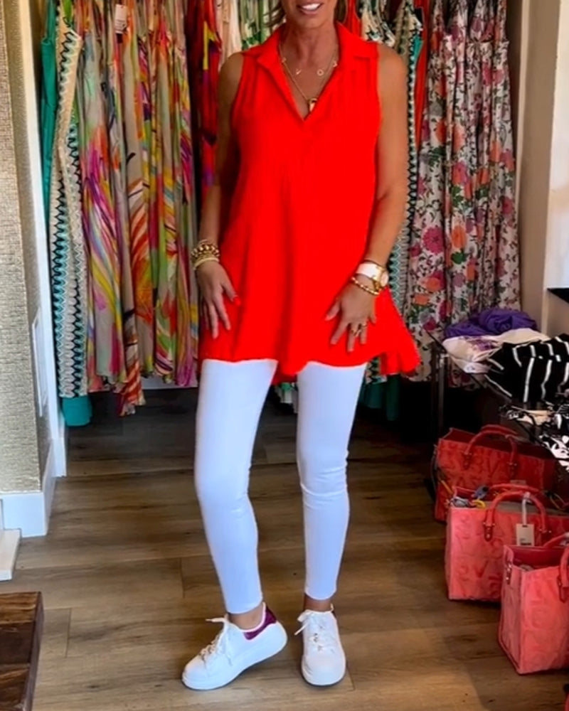 Sleeveless Top with Ruffles and Lapel