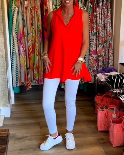 Sleeveless Top with Ruffles and Lapel