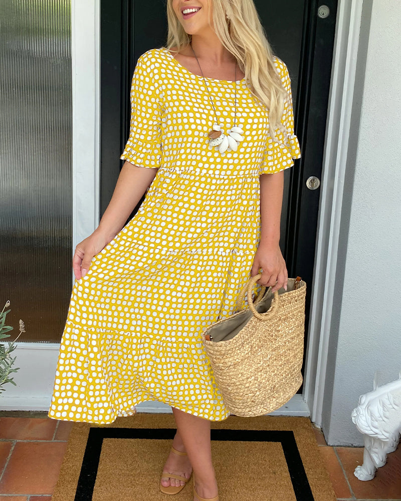 Midi Dress with Round Neck in Polka Dot Print