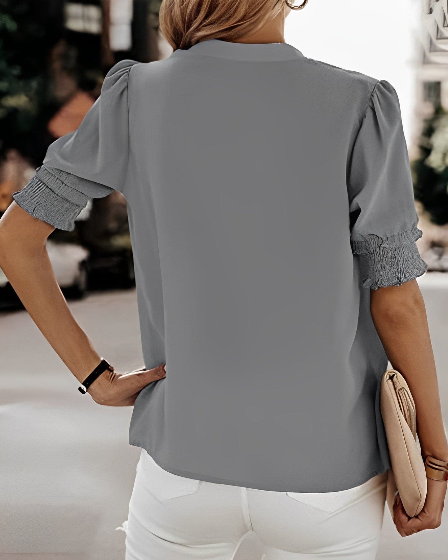 Maya | Women's V-Neck Puff Sleeve Blouse Short Sleeve Top