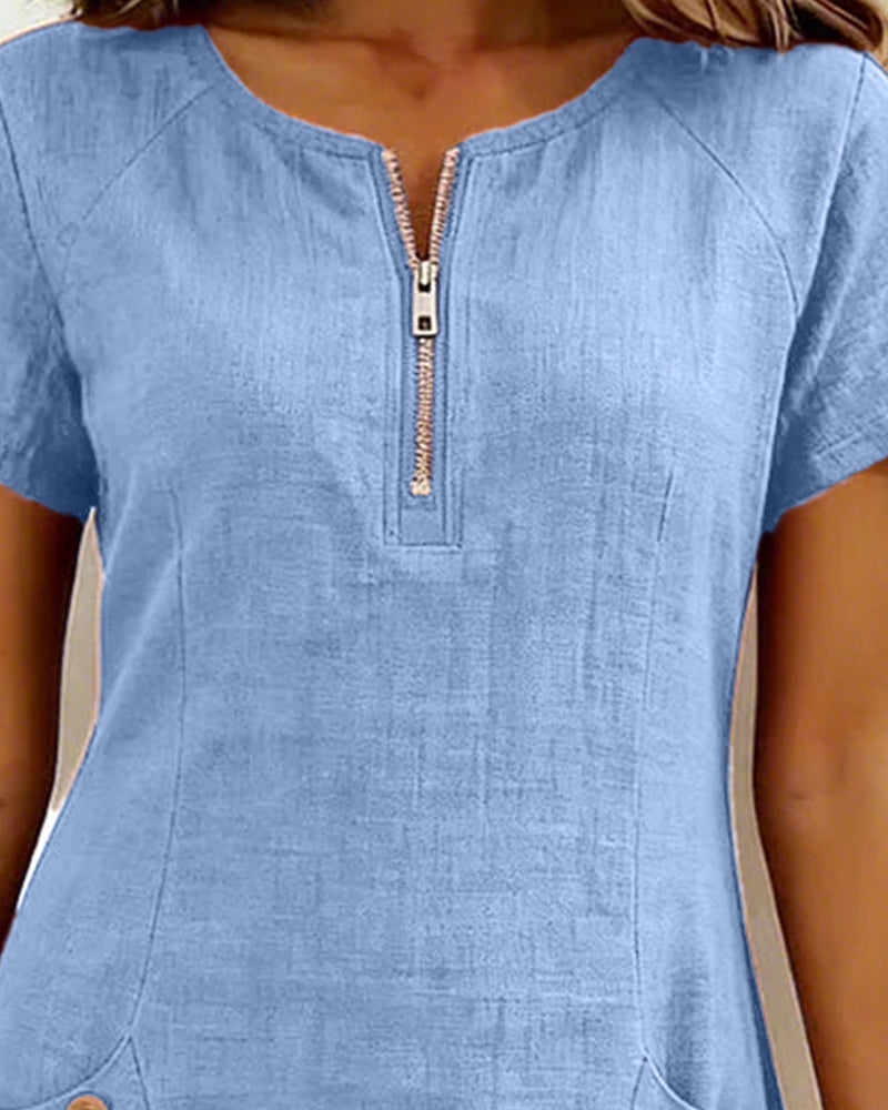 Remi | Women's Shift Dress Short Sleeve Zip Neck with Pockets