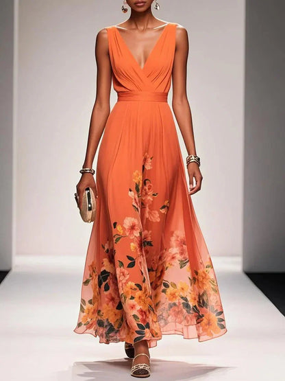Elegant Light Blue Floral Chiffon V-Neck Sleeveless A-Line Maxi Dress